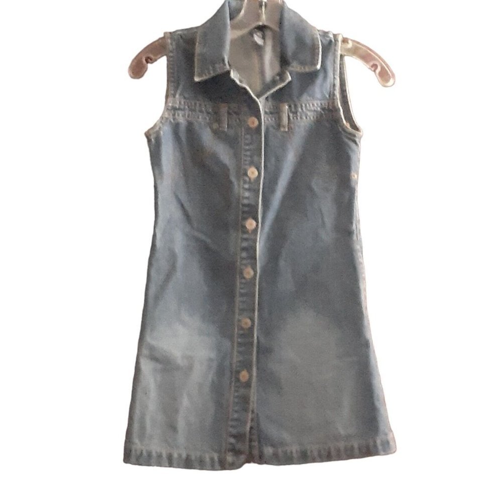 GAP Girls Dress Denim Jean Shirt Dress Button Front Sleeveless Knee Length 7/8 - Picture 1 of 7
